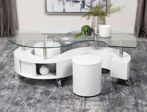 Buckley Curved Glass Top Coffee Table With Stools White High Gloss image